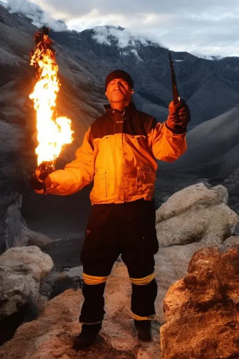 arafed man holding a fire with a gun in his hand