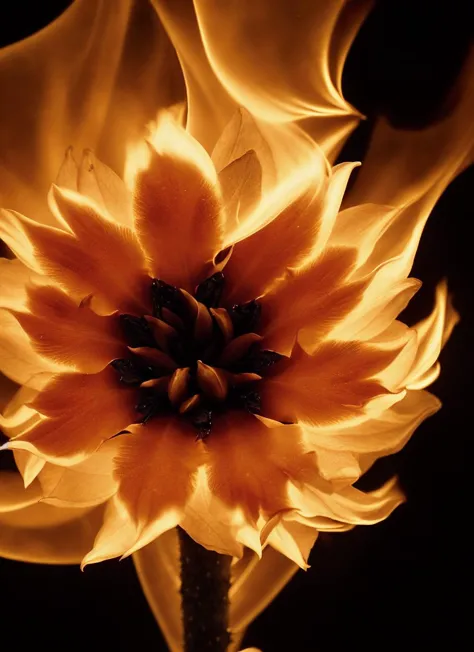 there is a close up of a flower with a fire in the background