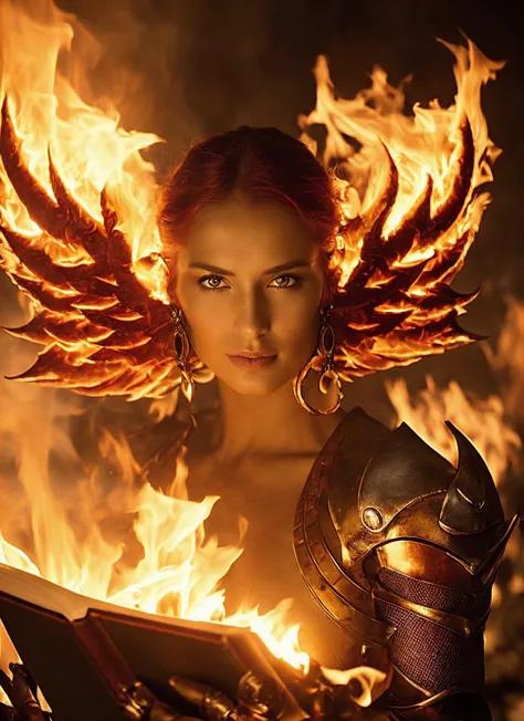 a close up of a woman with wings on a fire