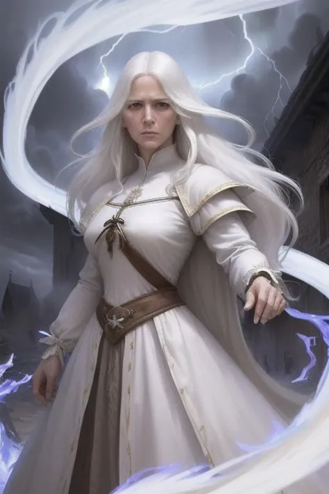 concept_art, (upper_body:1.4), (mature_woman:1.2), (figthing_stance:1.2), (long_white_hair:1.2), (wearing_medieval_mage_clothes:...