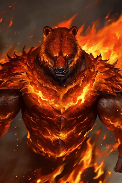 a bear with fire on its back and a face