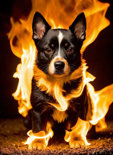 a close up of a dog on fire with a black background