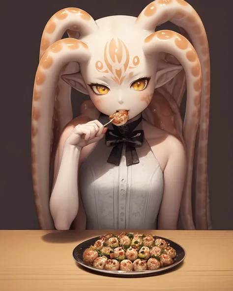 <lyco:sea_angels-NAI-LyCORIS:1>
 sengle, 1girl, sitting at a table eating takoyaki , pointy ears, tentacle hair, tentacles,  colored skin, finely detailed yellow eyes