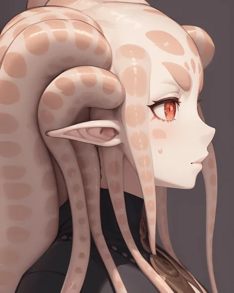 a close up of a woman with long hair and a snake like head