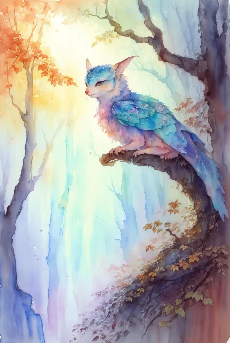 ( watercolor \(medium\), drawing,   IrisCompiet:1.2),painting of  a creature in a mystical forest, butterfly, intricate details, multiples animals, god rays,  sfw