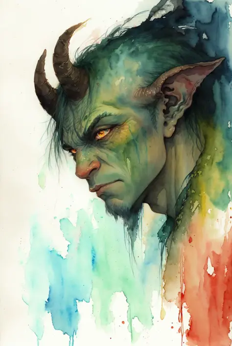 ( watercolor \(medium\), drawing,   IrisCompiet:1.2),painting of  a ogre near a fire, green skin, long horn, dark theme,  sfw