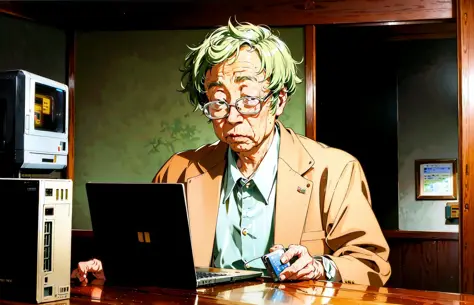 Satoshi Realistisches Foto eines alten Mannes namens Satoshi mit Brille und einem alten kaputten Computer in einem Haus im ländlichen China, hält seinen Bitcoin 