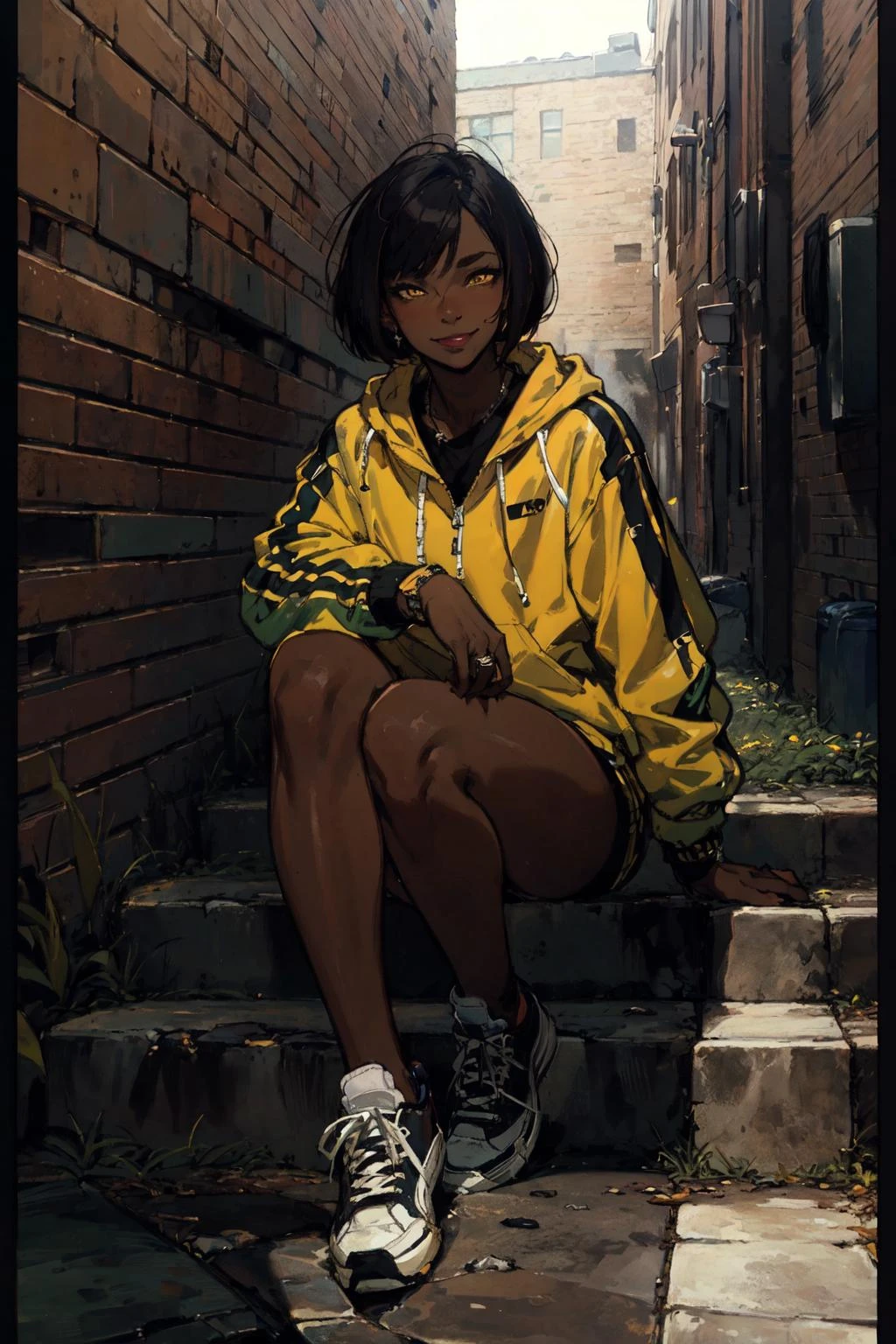 (masterpiece:1), (best quality:1), brookhaven, outside, Brunette, (Yellow eyes), (Bob haircut), sultry smile, sneakers, (Highest Quality, Amazing Details:1.25),