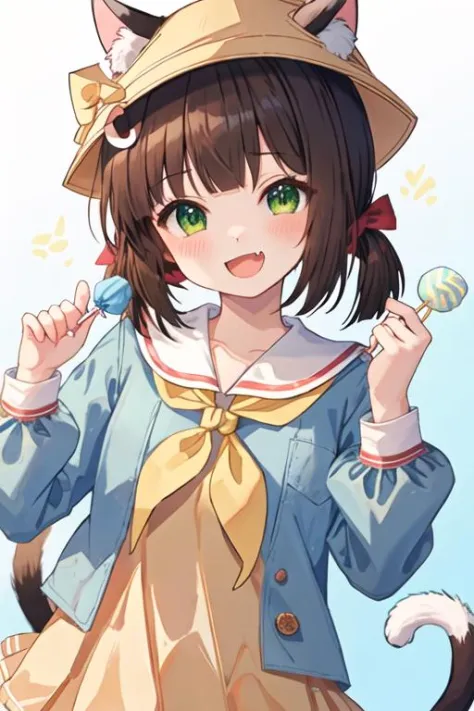 best quality, masterpiece, highres, solo, {mutsuki_azurlane:1.15}, animal_ears, cat_ears, brown_hair, open_mouth, green_eyes, twintails, hat, short_twintails, short_hair, ribbon, blush, school_hat, yellow_headwear, low_twintails, animal_ear_fluff, smile, f...