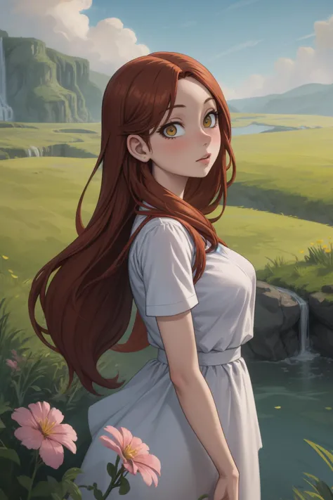 masterpiece, best quality, 1girl, long auburn hair, meadow, looking at viewer, waterfall