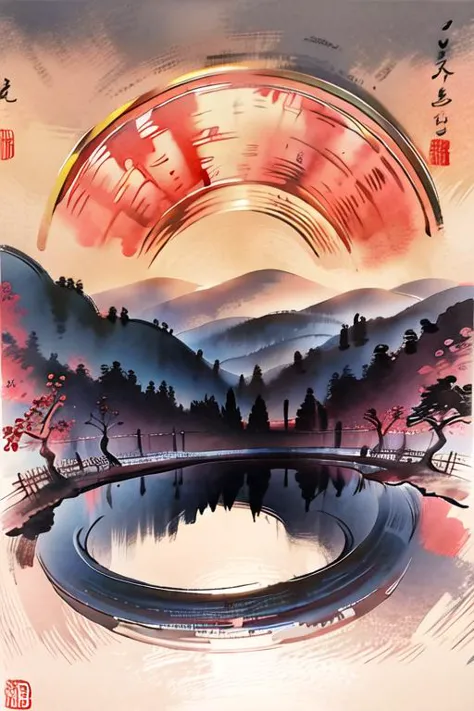 masterpiece,best quality,<lora:dreamcolor:1>,dreamcolor,reflection,water,<lora:shuimobysimV3:0.6>,<lora:shuV2:0.6>,chinese painting landscape,