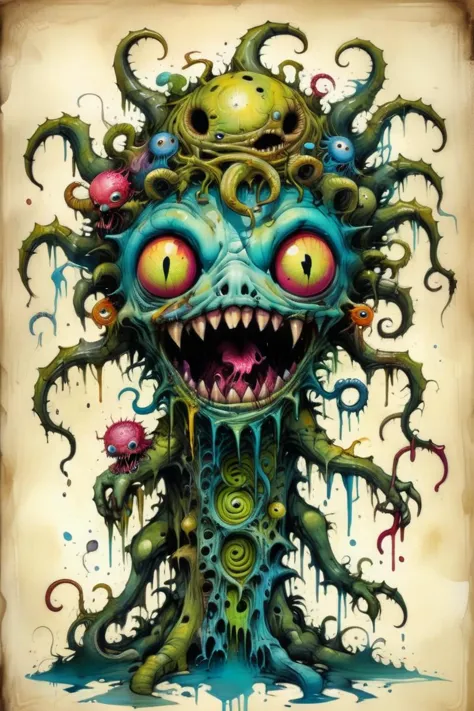 a painting of a monster with many eyes and tentacles