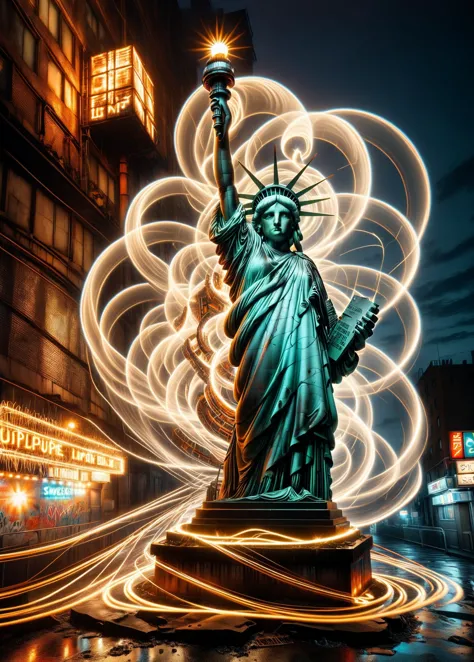best quality, masterpiece, highres, 8K, intricate, extreme detail,RAW photo, ral-exposure, (rusted statue of liberty surrounded ...