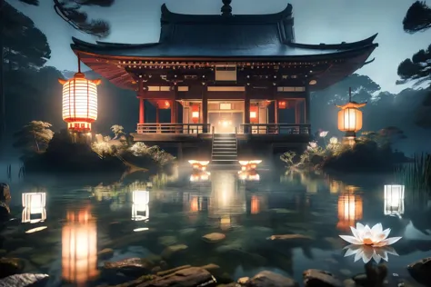 there is a large building with lanterns on the water