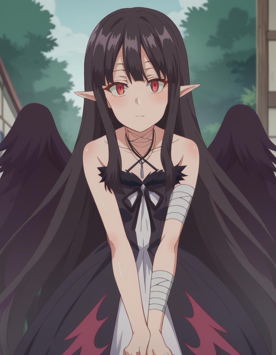 Anime girl with black hair and red eyes in a white dress - SeaArt AI