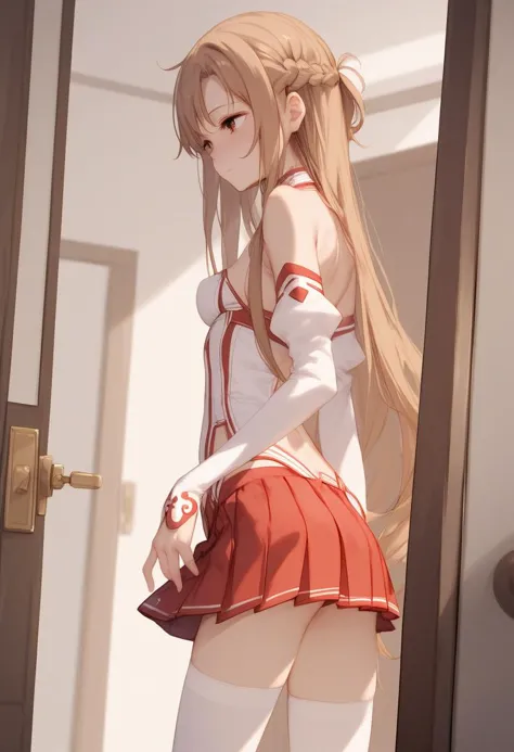 anime girl in a short skirt and white shirt standing in front of a door