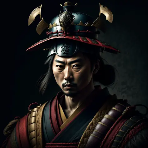 A ancient male samurai,
yang08k, photography, beautiful,  black background, colorful,
masterpieces, top quality, best quality, official art, beautiful and aesthetic,  realistic,
 