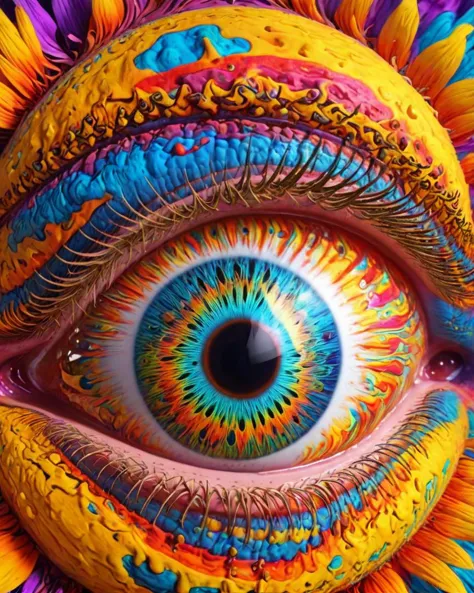 a close up of a colorful eye with a flower in the background