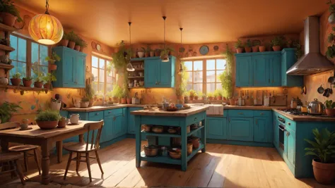 Cocina acogedora con ollas colgantes, psicodélico, Gran iluminación, iluminación ambiental, Estilo artístico Dreamyvibes, enfoque nítido, Intrincado, elegant, iluminación volumétrica, muy detallado, 8K, artgerm i y greg rutkowski y alphonse mucha 