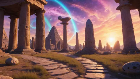 The ruins of an alien civilization, Pillars of light illuminating sacred alien temples in the background, <lora:add-detail-xl:0....