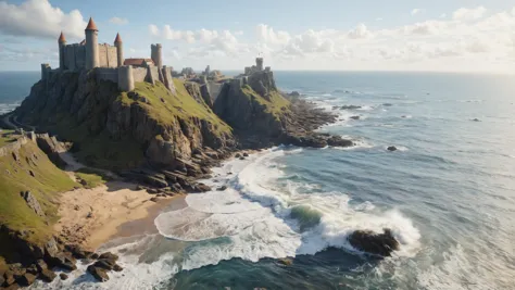 Un castillo medieval encaramado en lo alto de acantilados escarpados, con vistas a las olas que rompen abajo, ARCHIAERIALVIEW,  Gran iluminación, psicodélico