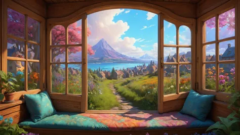 Cushioned window seat with garden view, Psychedelic,, Streetlights,, sharp focus, Highly Detailed, Cinematic Lighting, HD, illus...