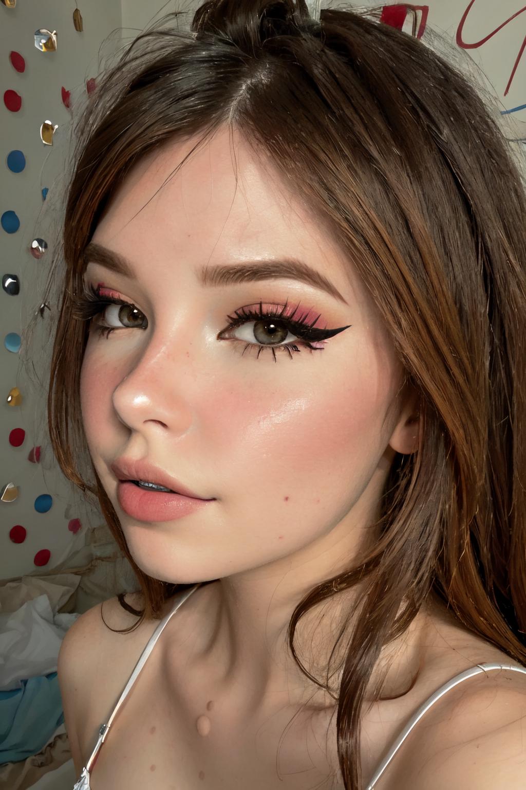 A close up of a woman with long brown hair and pink eyeliner - SeaArt AI