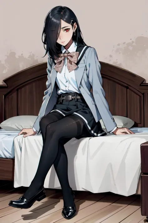 anime girl sitting on a bed with her legs crossed