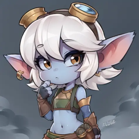solo, solo female, (perfect clothes), (extremely highly detailed perfectly drawn clothes:1.2), Tristana \(league of legends\), league of legends, goggles, goggles on head, gloves, navel, jewelry, earrings, fingerless gloves, elbow gloves, belt, green pants...