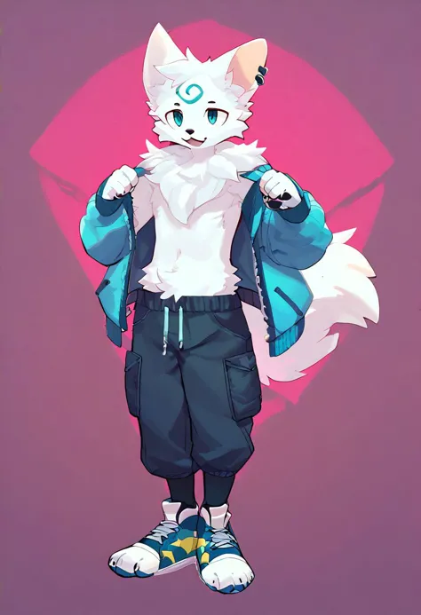 a cartoon cat with a jacket and pants standing in front of a pink background