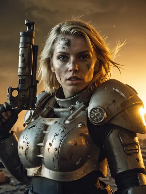 最好的质量, 实际的, 1980's style sexy messy blonde woman wearing large x-01 power armour in post apocalyptic ruined city holding weapon, 自拍风格, 肮脏的, 地平线上的核爆炸, 薄膜颗粒, 电影剧照, 细致的皮肤毛孔, 低调, 电影之夜 