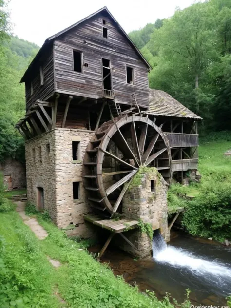 arafed wooden water wheel in front of a building in a wooded area