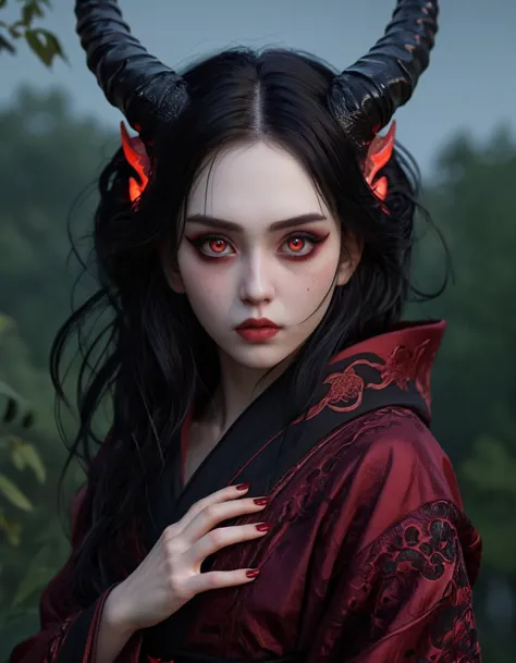 a close up of a woman with horns and red eyes