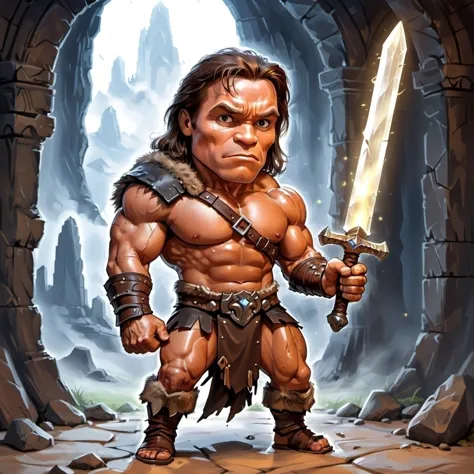 chibi knight, Caricaturized of muscular Arnold Person as Conan The Barbarian is (presenting his badass magical glowing sword:1.3...