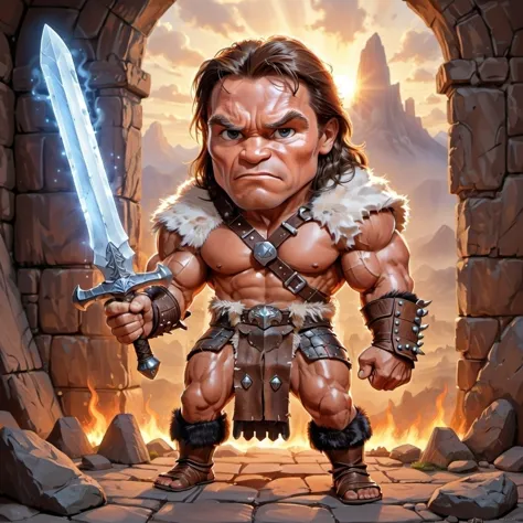 꼬마 기사, Conan The Barbarian으로 근육질의 Arnold Person을 희화화했습니다. (그의 멋진 마법의 빛나는 검을 선보입니다:1.3), 가죽 및 모피 갑옷, 찢어진 흰색 리넨 셔츠, 늑대 가죽 코트, 스톤헨지 같은 배경, 