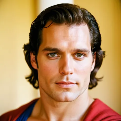 a close up of a man in a red shirt with a red cape