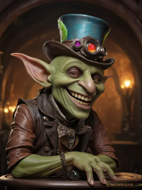 award winning photograph of a goblin with trickster's grin made from pcgaming in wonderland, magical, whimsical, fantasy art con...