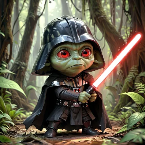 chibi knight, Caricaturized Darth Yoda (wielding with his red glowing lightsaber:1.3), used torn clothes, (wearing Darth Vader h...