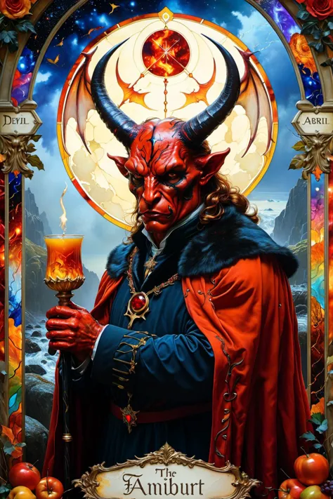 a painting of a devil holding a candle in front of a stained glass window