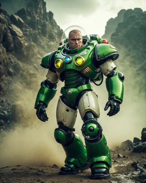 a close up of a man in a green and white suit standing in a rocky area