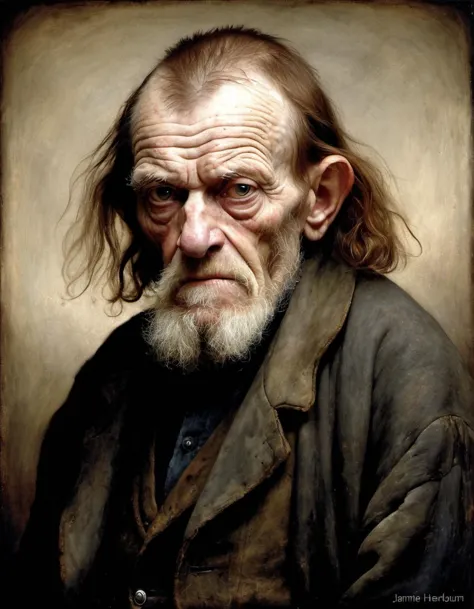 Rugged Old Man, Chestnut hair, Mingei, Jamie Hewlett, portrait art by Odd Nerdrum