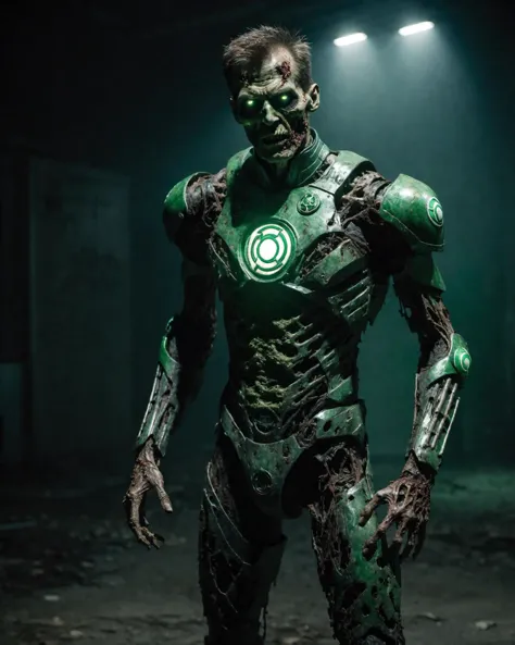 full body (portrait:0.7) photograph of (undead zombie:1.1) (zombified:1.2) (armored:0.7) Green Lantern, (rotting:1.1), (putrid:1...