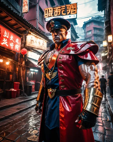 4K 肌肉男写真 (《街头霸王》中的 M Bison:1.1) 日落时分，身着红色军装、头戴帽子的赛博朋克九龙寨城, 赛博朋克 2077, 窄巷, 叶蝉, 背光, 潮湿的鹅卵石街道, (电影灯光:1.3), 柔和的电影灯光, 从街道低角度拍摄, Adobe Lightroom, 照相馆, HDR, 大量细节, 极其详细, 照相写实主义, 专业摄影, 闪亮的, 水滴飞溅, 景深  