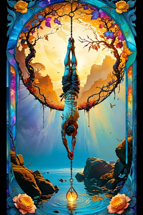 Art Nouveau Style, The Hanged Man, major arcana tarot card, "The Hanged Man", magical ink, magic qualities, chipped, peeling, cracked, colorful, saturated, textured, luminism, ultra highly detailed, 32k, fantastic realism, complex background, dynamic lighting, highly detailed, intricate, painting, colorful, saturated, textured, luminism, ultra highly detailed, 32k, fantastic realism, complex background, dynamic lighting, highly detailed, intricate, painting, (digital art by Archibald Thorburn and Alfons Purtscher:1.2), aesthetic of realism, newfangled marvelous opus, precise details, future-proof atmosphere, (balanced center composition, :0.1), <lora:xl_more_art-full_v1:0.5> <lora:MJ52:0.5>