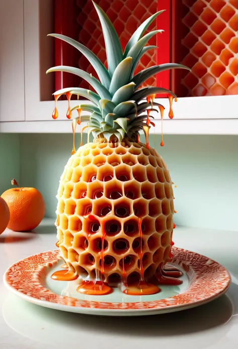 ral-hnycmb pineapple on intricate porcelain plate, orange red melting, lighting, pattern, mint green andalusian kitchen in background