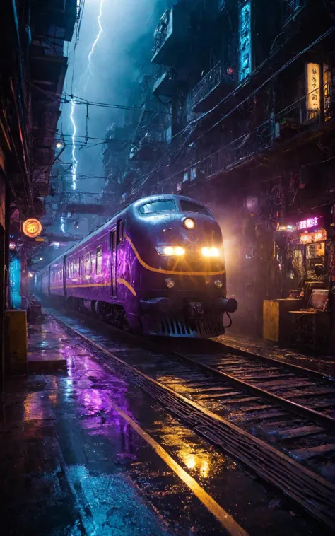 a scifi futuristic concept steam train, curvy and aerodynamic, Kowloon walled city narrow winding alleyway, light speed, flash, heavy rain, motion trail, a shining star(sun) in the background, (speed lines:1.1), (motion blur:1.1), high contrast, deep focus, TRON, style by Ridley Scott, Cyberpunk 2077, Bladerunner, fog, mist, epic visual effects, arc lightning, underglow, interstellar, flow, detailed, scifi, extremely detailed textures, star blast, dark vibrant colors, cosmic art, stars in background, headlights, cinematic scene, lens flare, cinematic color grading, film still, god rays, glow, art of Doug Chiang and John Park glowneon, fuji cinestill, light leak, glowing, sparks, lightning, ultra detailed  dramatic lighting  ultraviolet blacklight reactive paint, powerlines, catwalks, alleyway  