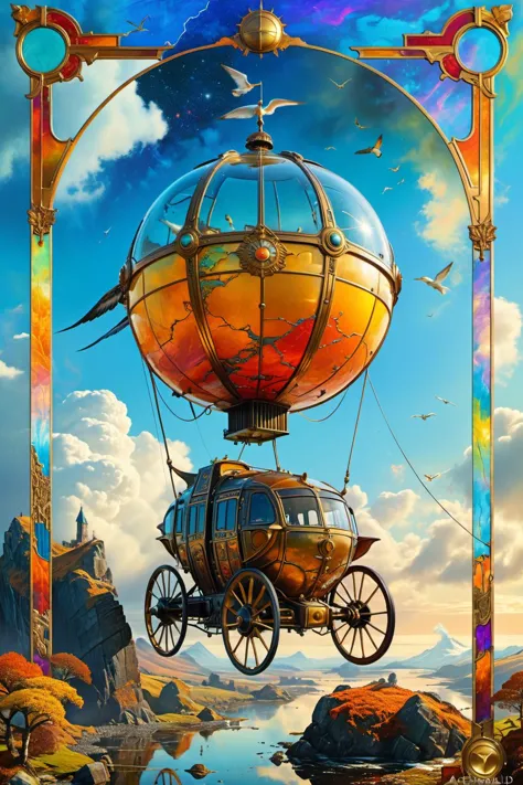 Art Nouveau Style, The Chariot, major arcana tarot card, "The Chariot", magical ink, magic qualities, a flying vehicle, steampun...