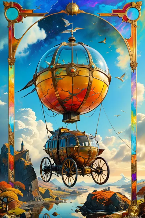 Art Nouveau Style, The Chariot, major arcana tarot card, "The Chariot", magical ink, magic qualities, a flying vehicle, steampunk, atompunk, dieselpunk, chipped, peeling, cracked, colorful, saturated, textured, luminism, ultra highly detailed, 32k, fantastic realism, complex background, dynamic lighting, highly detailed, intricate, painting, colorful, saturated, textured, luminism, ultra highly detailed, 32k, fantastic realism, complex background, dynamic lighting, highly detailed, intricate, painting, (digital art by Archibald Thorburn and Alfons Purtscher:1.2), aesthetic of realism, newfangled marvelous opus, precise details, future-proof atmosphere, (balanced center composition, :0.1), <lora:xl_more_art-full_v1:0.5> <lora:MJ52:0.5>