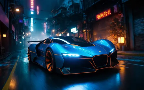 a blue sports car driving down a city street at night