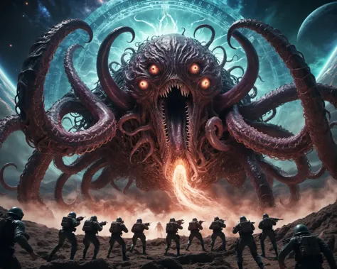 highly detailed, global illumination, HDR, 8K, high resolution, cinematic color grading, fuji cinestill, photograph of enormous (eldritch:1.2) intricate horror creature coming out of a cosmic portal to another dimension into our world, multiple rows of sharp teeth, armed soldiers trying to fight it